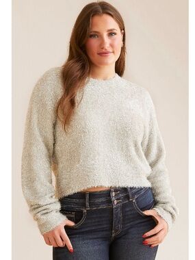 NWT Express Cozy Eyelash Knit Crewneck Pullover Crop Sweater Beige XS